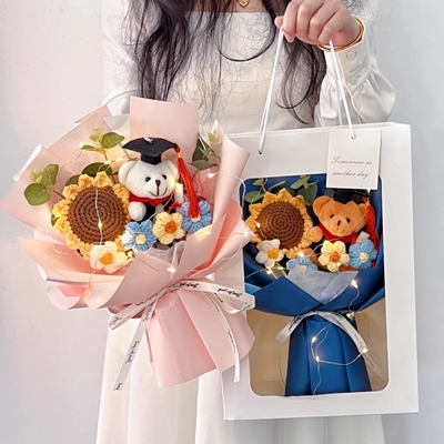 comprar Graduación oso girasol de punto conjunto de ramos de regalo creativo hecho a mano de hilo regalo de flores para maestros regalo de cumpleaños online manufacture