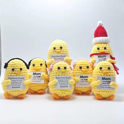 comprar Divertido crochet Kawaii relleno emocional positivo pato Plush juguete divertido de punto positivo pato crochet muñeca bolso colgante regalo Fabricación en línea