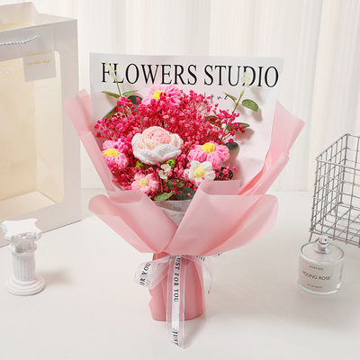 Buen precio Rosa y aliento de bebé Flores secas Bouquet de punto Filamentos de tela hechos a mano 30x30cm en línea