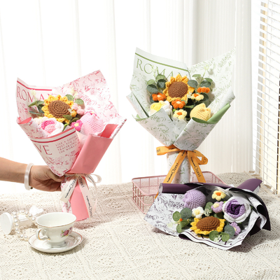 Buen precio 20x35cm Bouquet de mano de tejido de girasol y rosas de lana de simulación en múltiples colores Ideal para el día de San Valentín y cumpleaños en línea