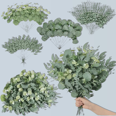 Un buen precio. Simulación de una sola hoja de dinero, hoja de eucalipto, pequeño paquete de flores, 5 tenedores de la serie Insen accesorios de arreglos florales de bodas, decoración de materiales en línea