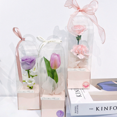 PVC transparente rosa panorámica única caja de arreglo de flores DIY, embalaje de flores faro de mano, eterno ramo de flores material de la caja de regalo
