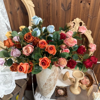 Rosas de flores simuladas, cascada de 6 cabezas Dora Rose, decoración de flores falsas, ramo de bodas decoración de escena al por mayor