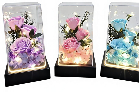 Un buen precio. 520 Eternal Flower Soap Bouquet Cuadrado Capa de vidrio Luz nocturna Rosa 3 Flores de jabón Día de San Valentín Día de la Madre Regalo de cumpleaños en línea