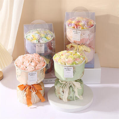 Un buen precio. Ramo de flores de jabón rosa hecho a mano para el día de la madre Caja de papel redonda multicolor con estuche de PVC 17 * 20 cm Logotipo personalizable Festival Regalo floral en línea