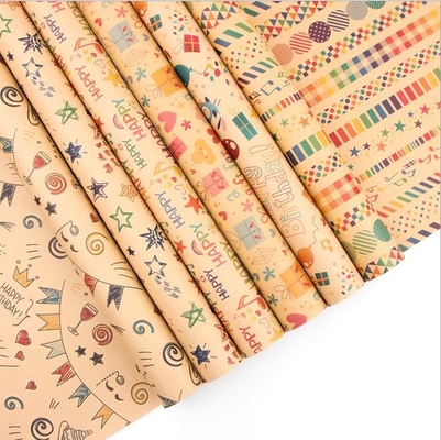 Un buen precio. El rollo de papel del papel de regalo de Brown 80gsm Kraft cubre el modelo del feliz cumpleaños de los 50X70cm en línea